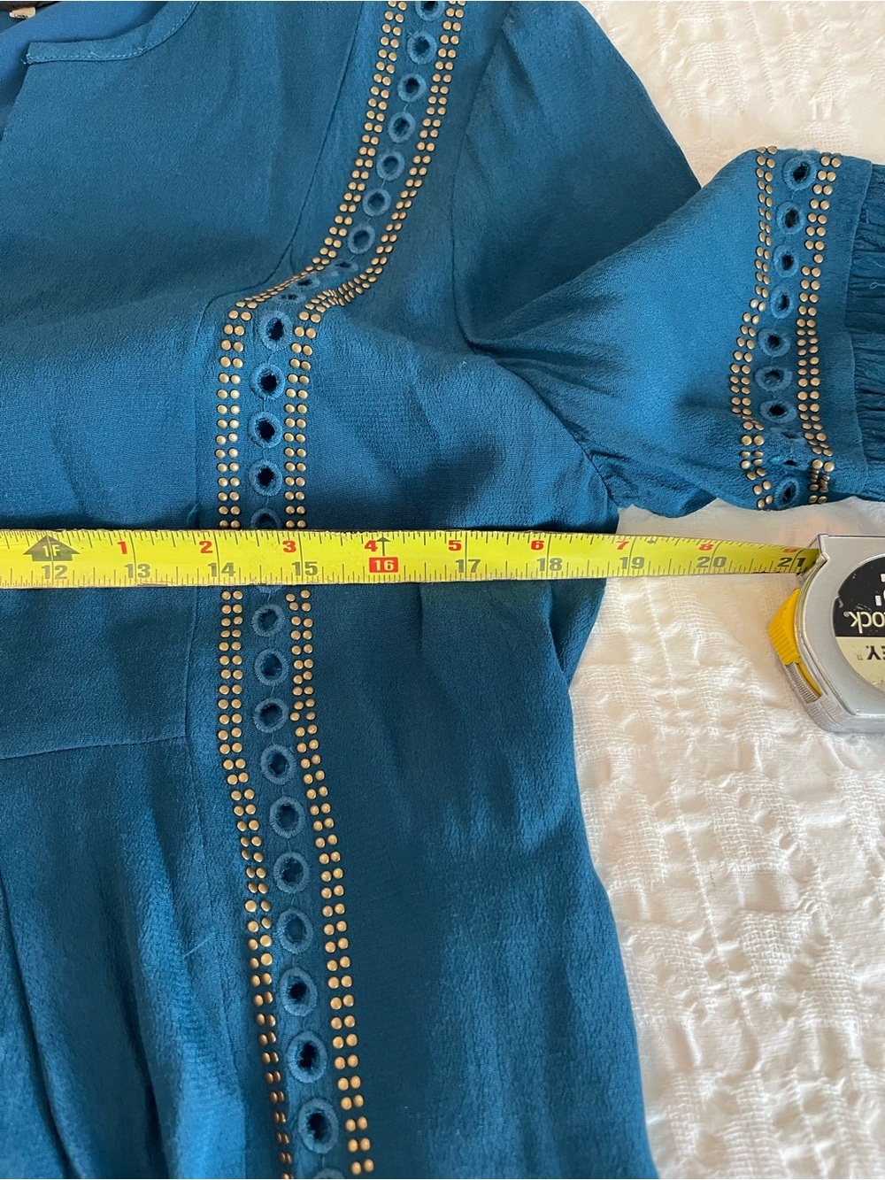 Sugar Lips Boho Peasant Shift Dress Size Small Blue Long Sleeve Gold Accents - Picture 4 of 7